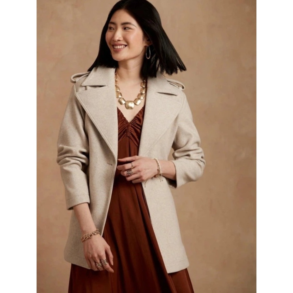 Banana Republic Petite Belted Short Wrap Trench Coat Jacket Oatmeal Beige S